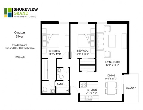 Floor plan for 2 beds, 1 bath, 1050 sqft